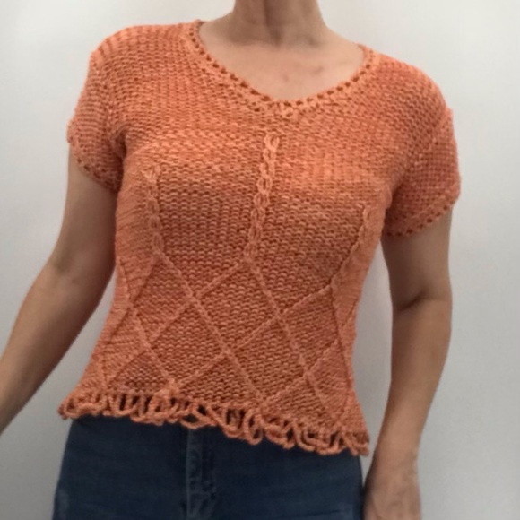Vintage Y2K Crochet Woven Cut Out Hand Knit Lightweight Short Sleeve Sweater - Picture 3 of 13